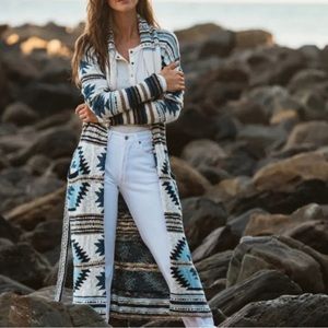 FAHERTY BLUE CREAM DUSTER LONG SWEATER BELT xs